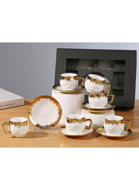6 Sets Of Luxury Porcelain Turkish Coffee Cup Set Elegant Gold-Plated Design Modern Espresso Cup Set for Home Gift Premium Ceramic Tea Cups for Arabic White and Gold Design